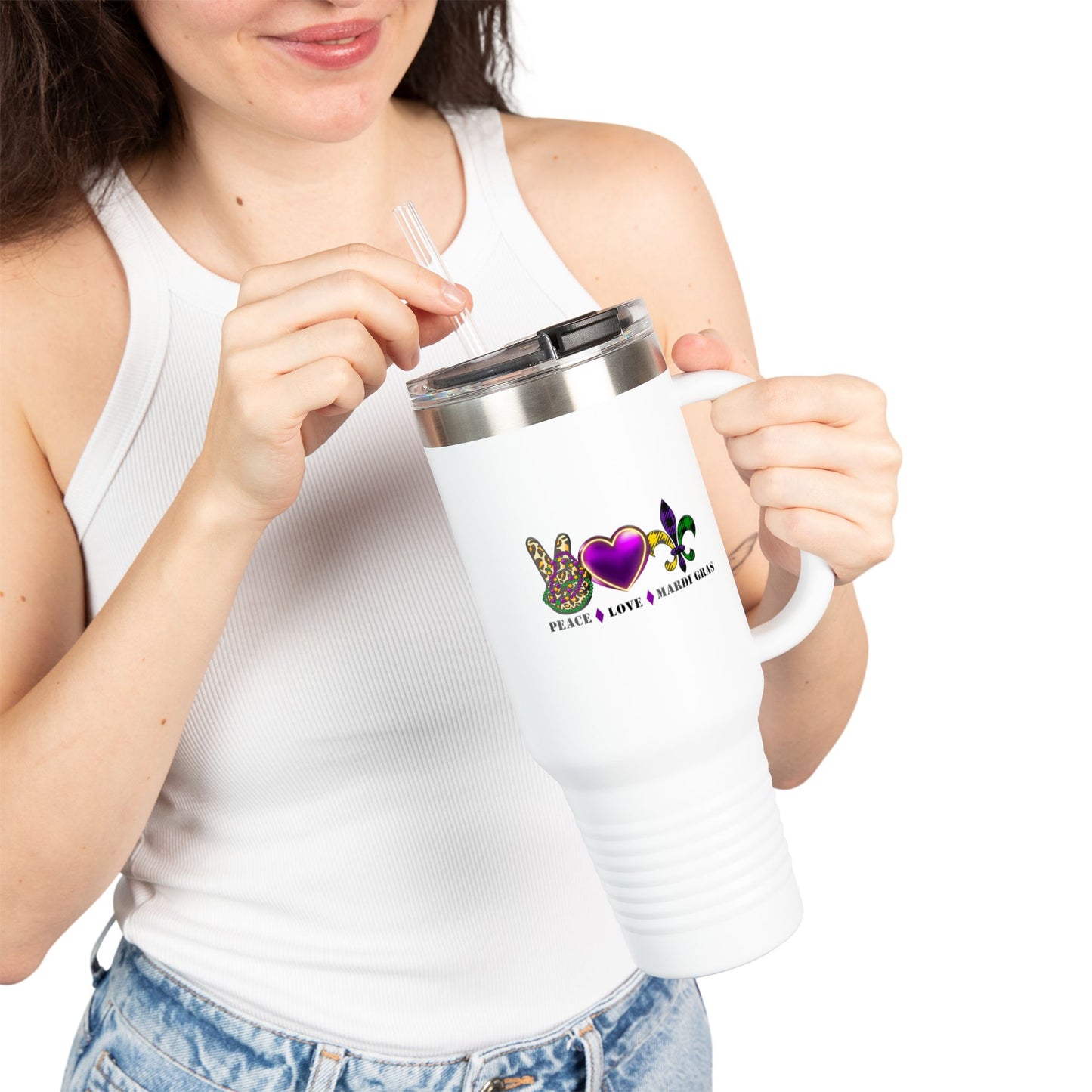 Peace-Love-Mardi Gras Insulated Travel Mug, 40oz
